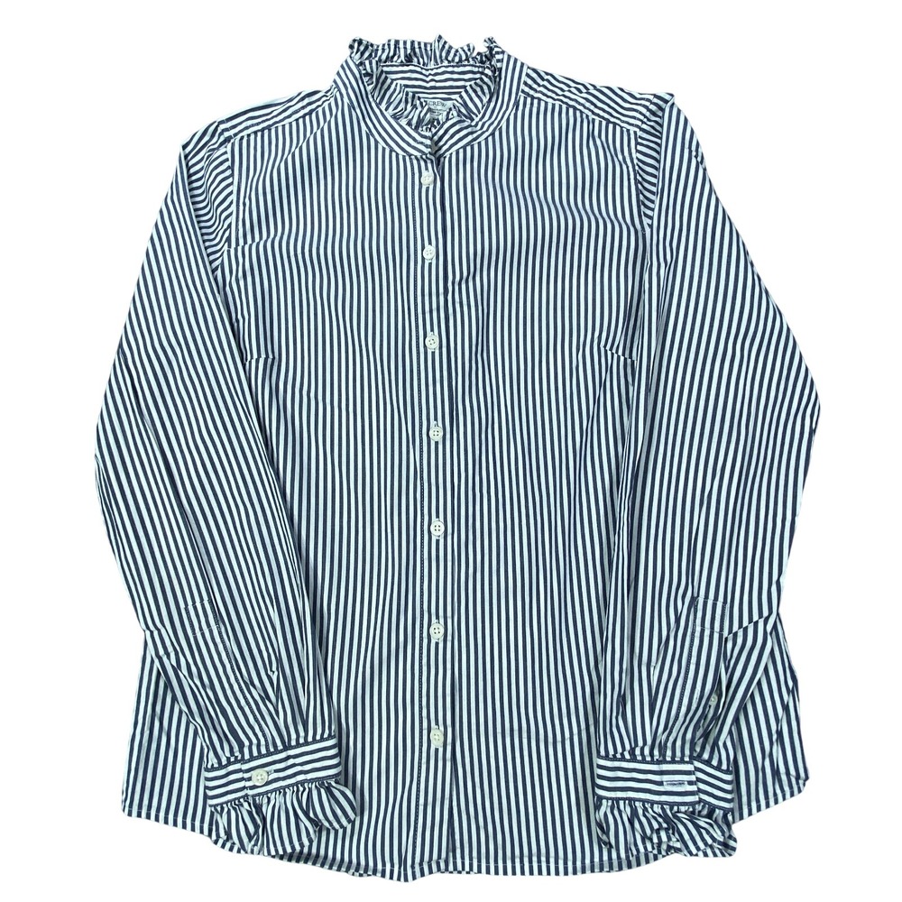 J Crew‎ Button Shirt Medium Blue White Stripe Ruffle Preppy Cottagecore Coastal